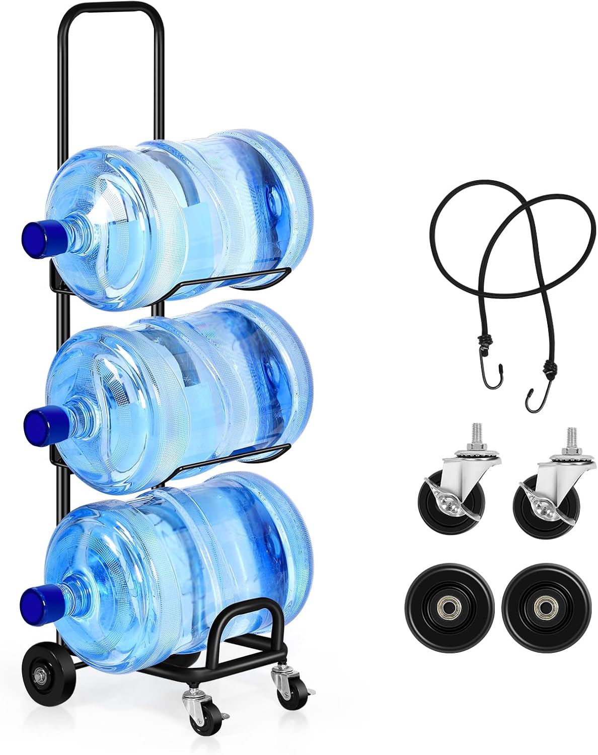 5 Gallon Water Bottle Jug Holder 3 Tier Movable Water Jug Dispenser Stand with 4 Wheels Heavy Duty Foldable Water Bottle Organizer Rack Cart with Lockable Casters for Living Room Office, Black