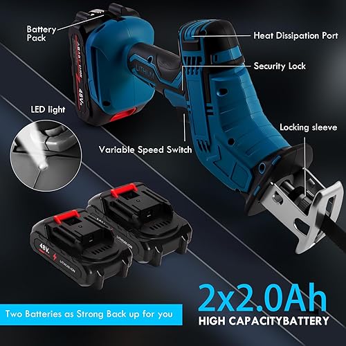 Miniatura 4 de Sierra recíproca inalámbrica, velocidad variable 3000 RPM motor sin escobillas con 8 hojas de sierra, 2 baterías de 2.0 Ah, luz LED, cambio de hoja