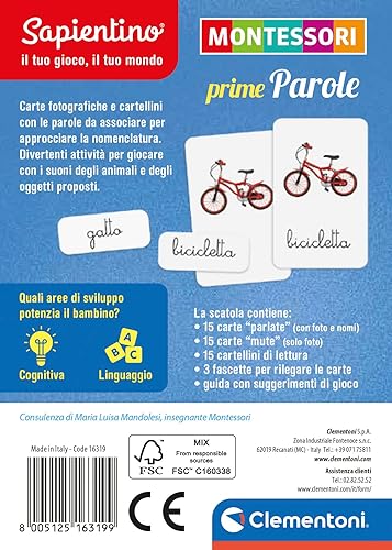 Miniatura 3 de Clementoni Tarjetas Montessori Prime Words 2 años (versión italiana), juego educativo hecho en Italia, multicolor, 16319