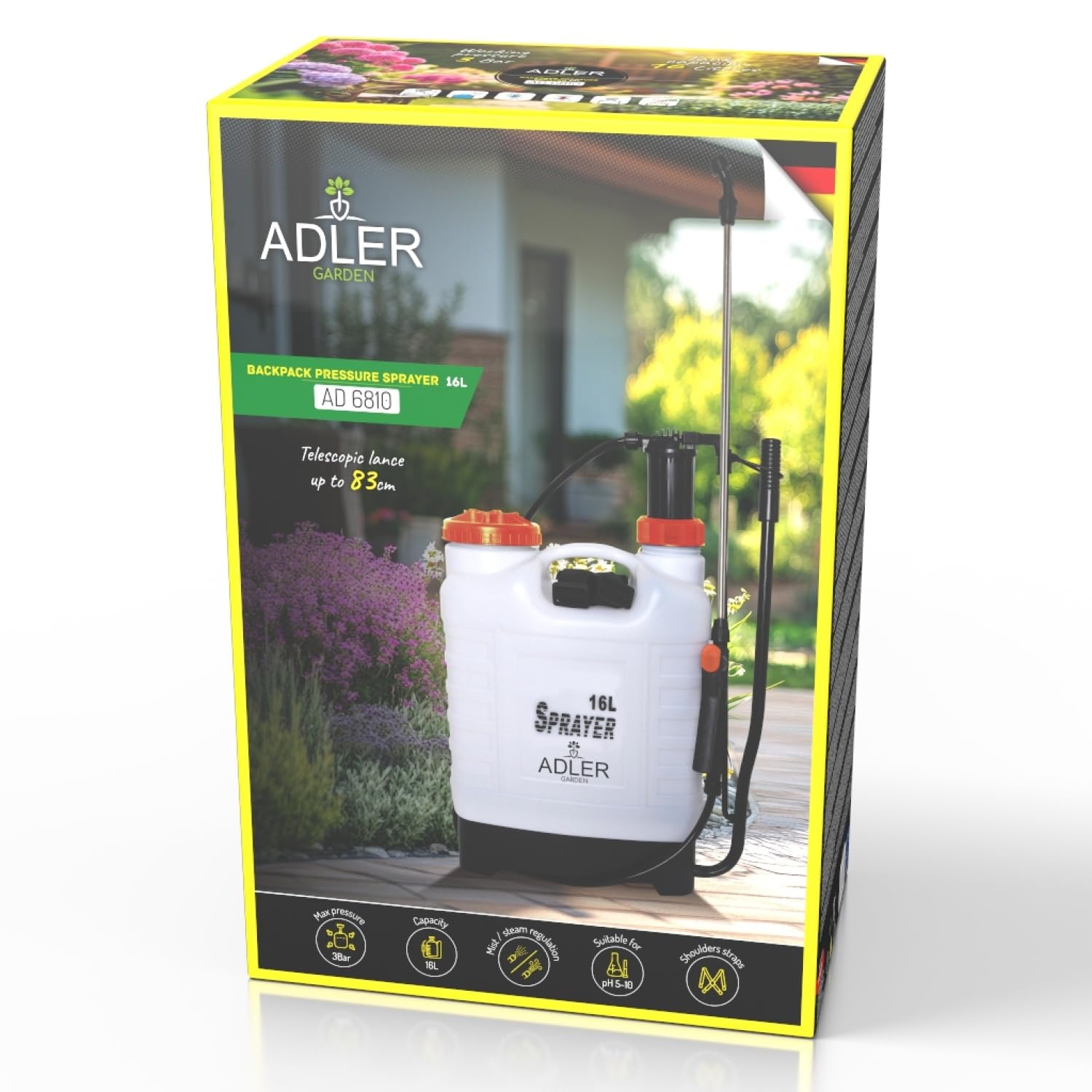 ADLER EUROPE Rückenspritze – Drucksprüher 16 L mit teleskopischer 48–83 cm Edelstahl-Lanze und 115 cm Schlauch, Arbeitsdruck 2–3 bar - Sicherheitsventil – ideal für große Gärten und Nutzflächen