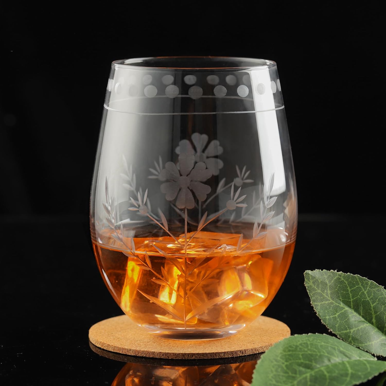 Joeyan Hand Blown Etched Stemless Wine Glasses,Carved Red and White Wine Tumbler with Floral Pattern,Clear Drinking Glass Cups,Glassware for Birthday Party Anniversary,19 oz,Set of 4,Dishwasher Safe - Image 3