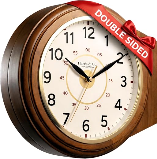 Harris & Co. Clockmasters Wooden Double Sided 13 x 11.5 Inch LUXE EDITION Wall Clock | Wood Frame with Gold Accents | Whit...