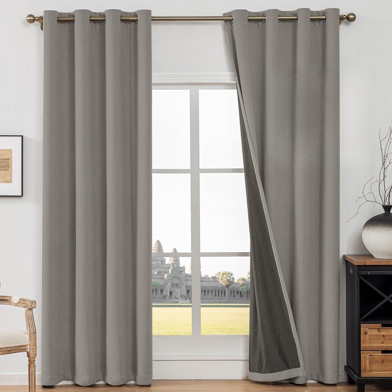 Rideau 100% occultant aspect faux lin haut de gamme avec œillets pour grand vitrage