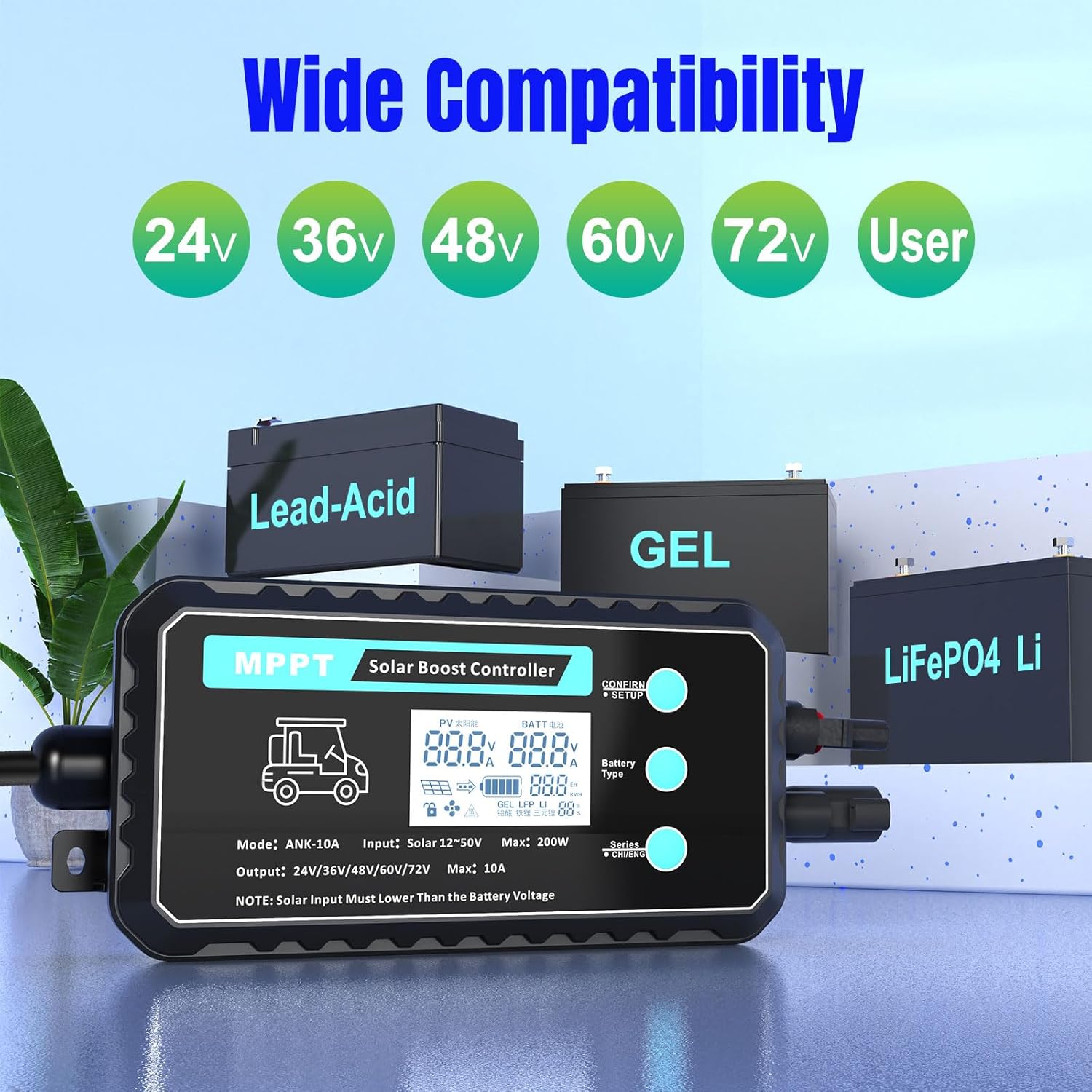 10A Waterproof Boost MPPT Solar Charge Controller Solar Panel for LiFePO4, Gel, Batteries Solar Charge 48 Volt Golf Cart Batteries,Electric Bike ,Electric Skateboard,Electric Surfboard Batteries etc