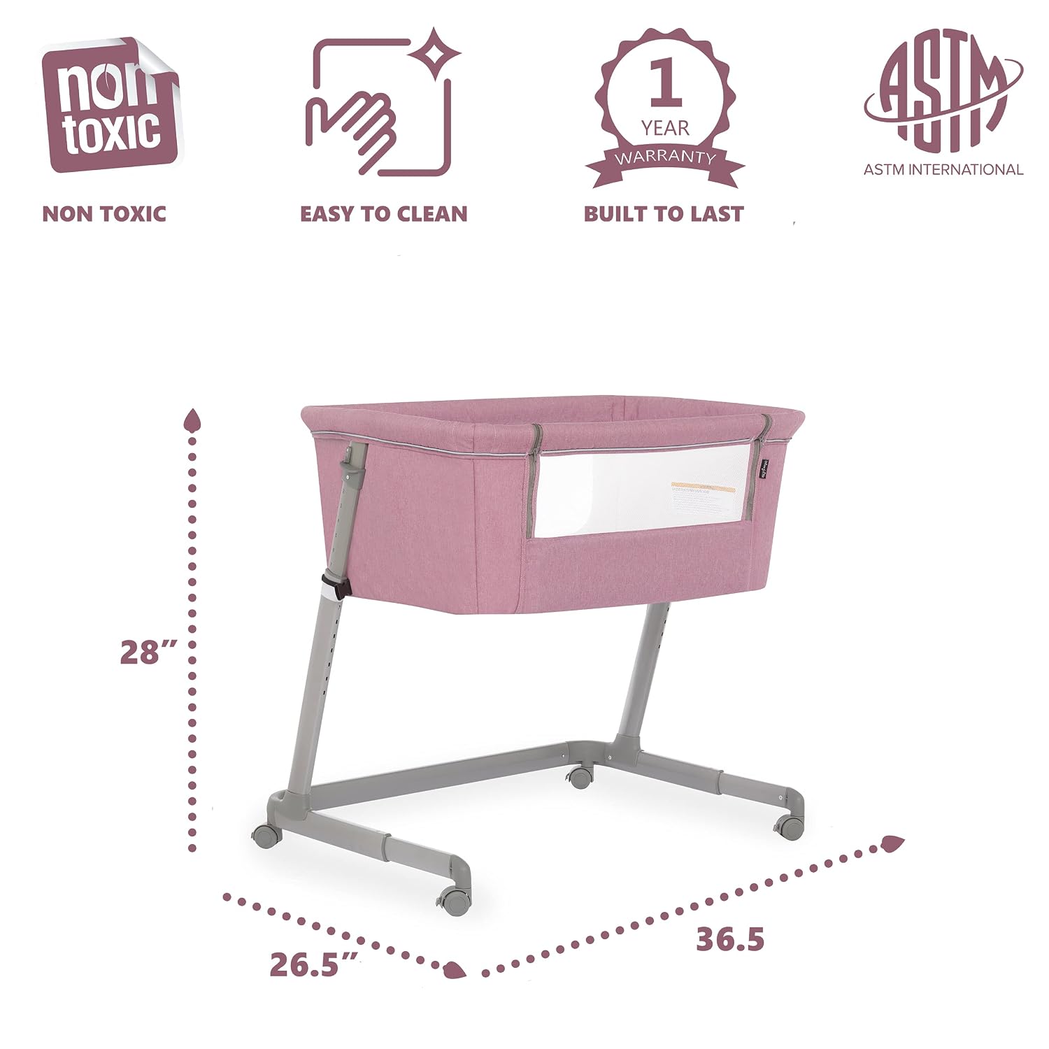 Dream On Me Seashell Bassinet & Bedside Sleeper in Rose, Lightweight Easy Folding and Height Adjustable Baby Bassinet, Mattress Pad Included, JPMA Certified