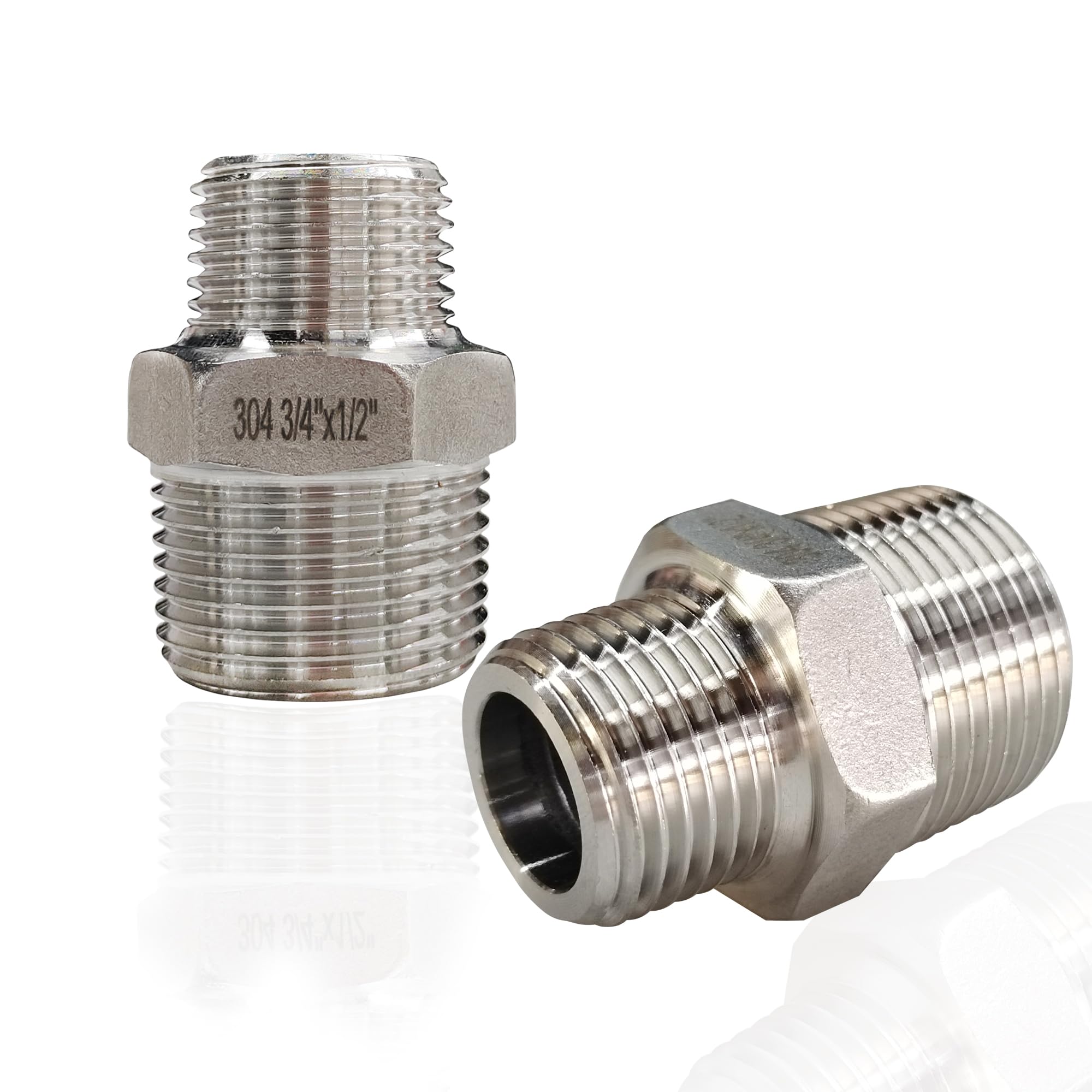 ZOUNI 2pcs Reducing Hex Nipple, 304 Stainless Steel 3/4" NPT Male x 1/2" NPT Male Pipe Fitting Reducer Nipple Adapter 2000psi Reducer Straight Connector(2pcs, 3/4"-1/2")