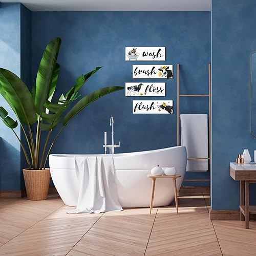 Miniatura 8 de Brocha de lavado de vaca de granja, letrero de decoración de pared, divertido ganado de granja con girasol en bañera en madera rústica, obra de arte