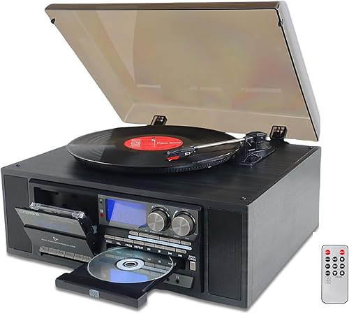 Reproductor de discos de vinilo 10 en 1 con Bluetooth de 3 velocidades, tocadiscos automáticos vintage, reproductor de casete de CD, radio AMFM,