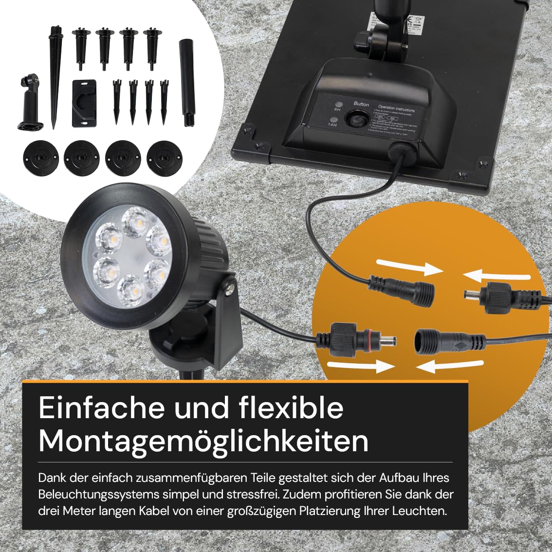 4er Pack Solarstrahler Garten Schwarz, 5W, 3000K Warmweiß | 200lm, IP54, mit Solarpanel, Erdspieß, 3m Kabel und Akku, Gartenstrahler und Solarlampe für außen