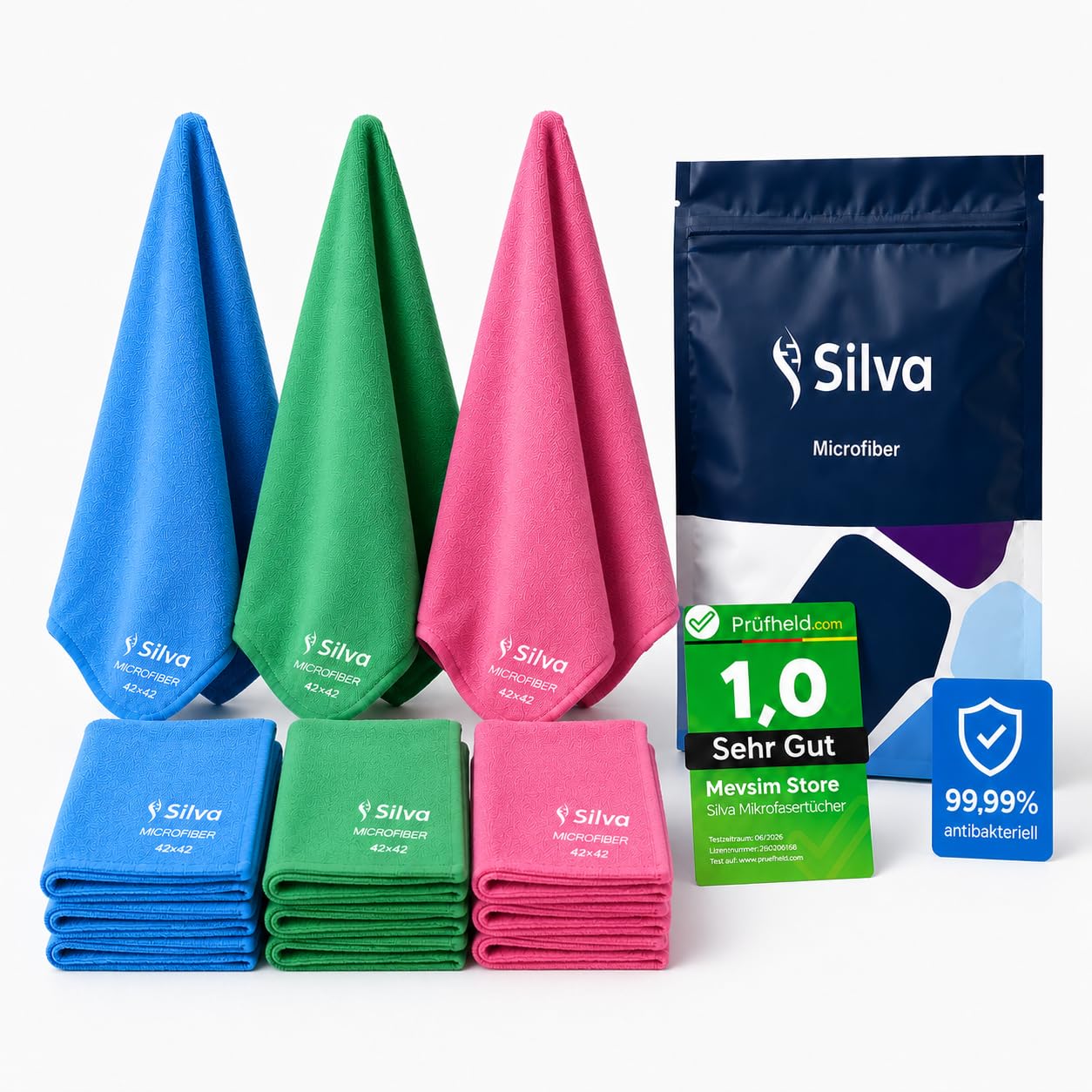 Silva Mikrofasertücher 42x42 cm extra groß 9er Set | Mikrofaser Handtuch für Glas, Spiegel, Küche, Bad & Auto – streifenfreie Microfaser Putztücher, langlebig & waschbar