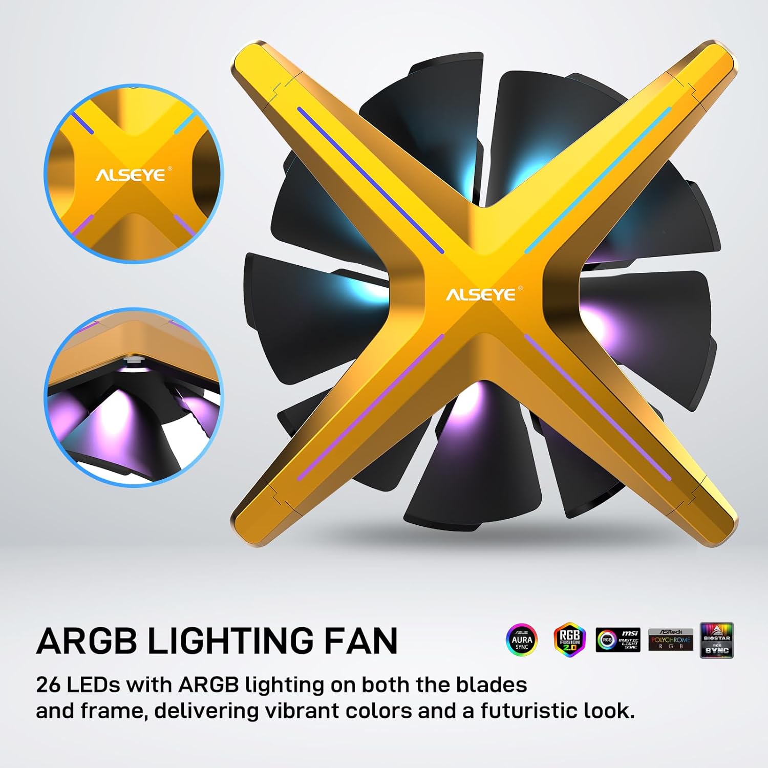 ALSEYE X12 Case Fan ARGB PWM Computer Air Cooling Fan - High Performance Silent Operation 120mm RGB CPU Cooling (Yellow, Standard Blade)