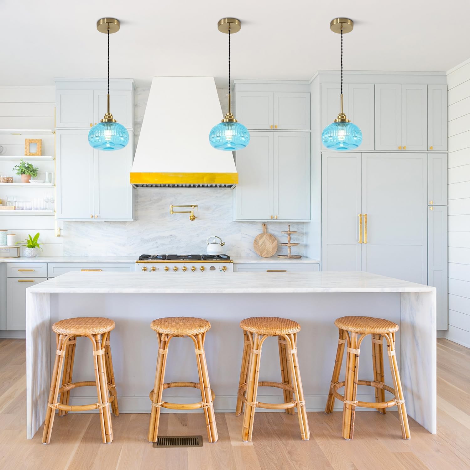 KCO Lighting Large Glass Pendant Lights Kitchen Island Pendant Light Blue Hanging Lights Fluted Glass Hanging Pendant Light Gold Dining Room Hanging Light Fixtures 3 Pack