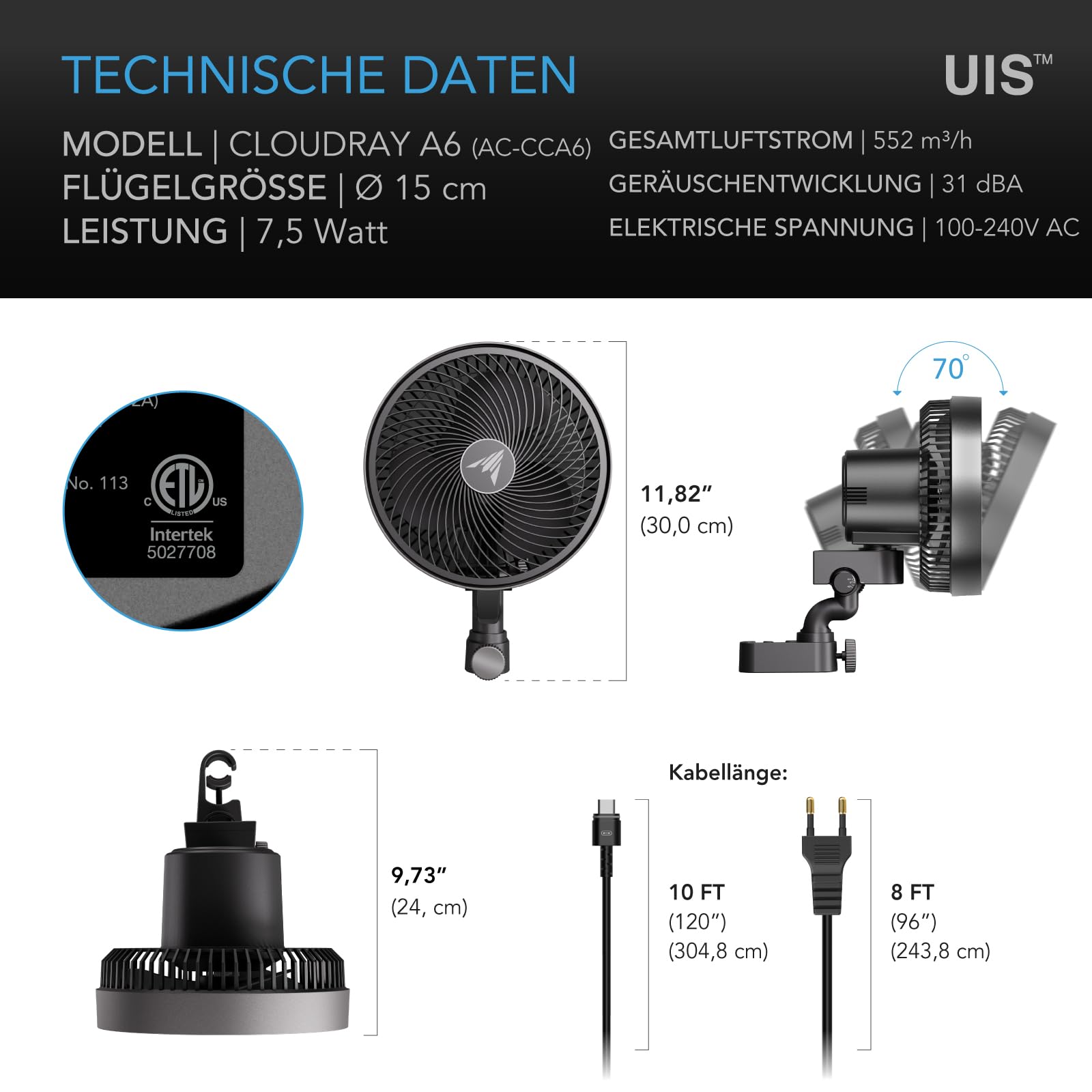 AC Infinity CLOUDRAY A6 – Clip-Ventilator 150mm für Grow Zelte