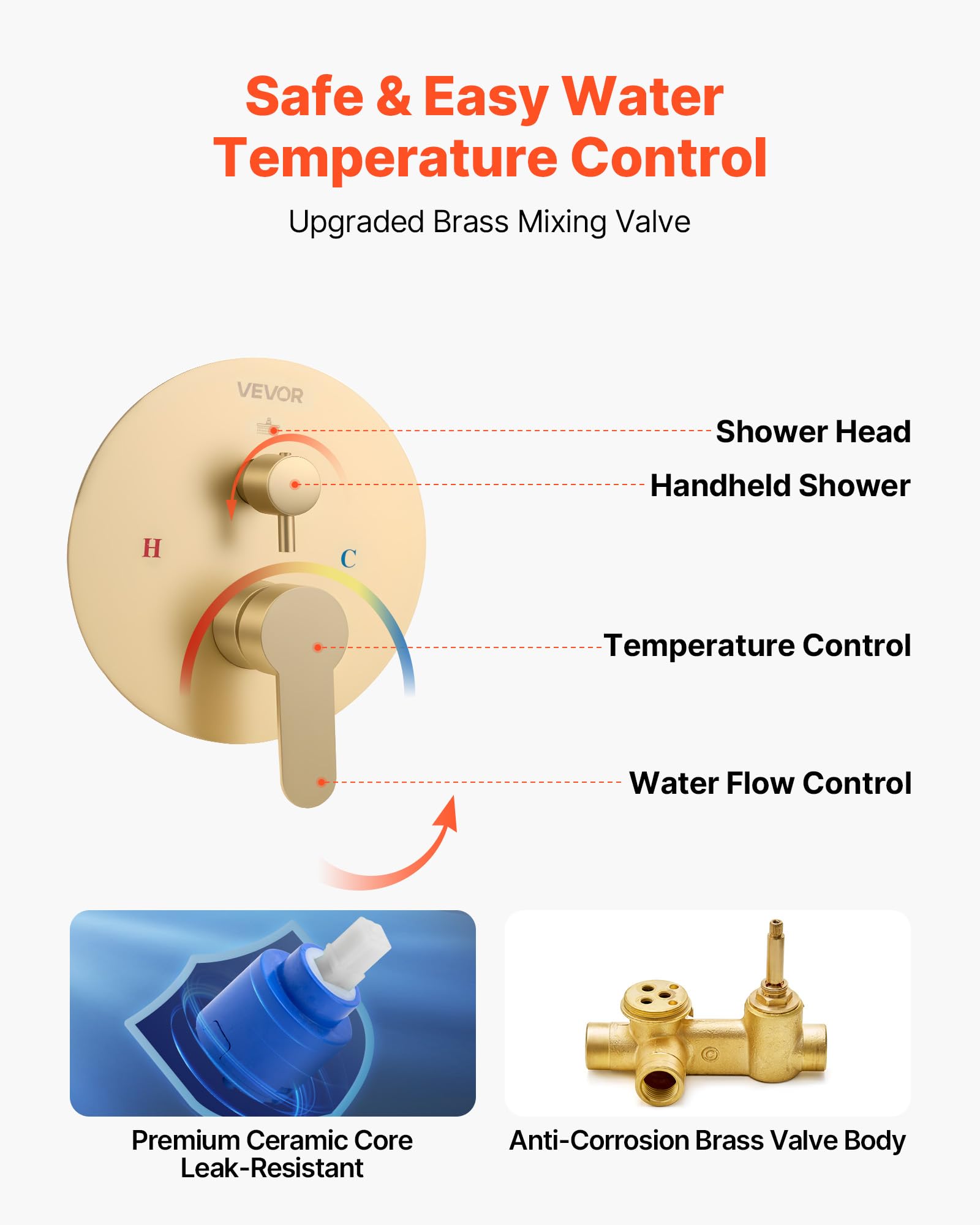 VEVOR Sistema Doccia a Pioggia per Bagno con Soffione Tondo 254 mm e Doccetta, Set di Rubinetti da Doccia a Parete, con Valvola in Ottone e Kit di Finitura, Rubinetto Doccia, Oro Spazzolato