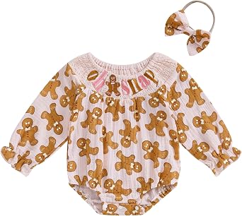 Toddler Baby Girl Christmas Romper Gingerbread Man Print Long Puff Sleeve Smocked Romper Fall Winter Bodysuit Pink, 0-3 Months
