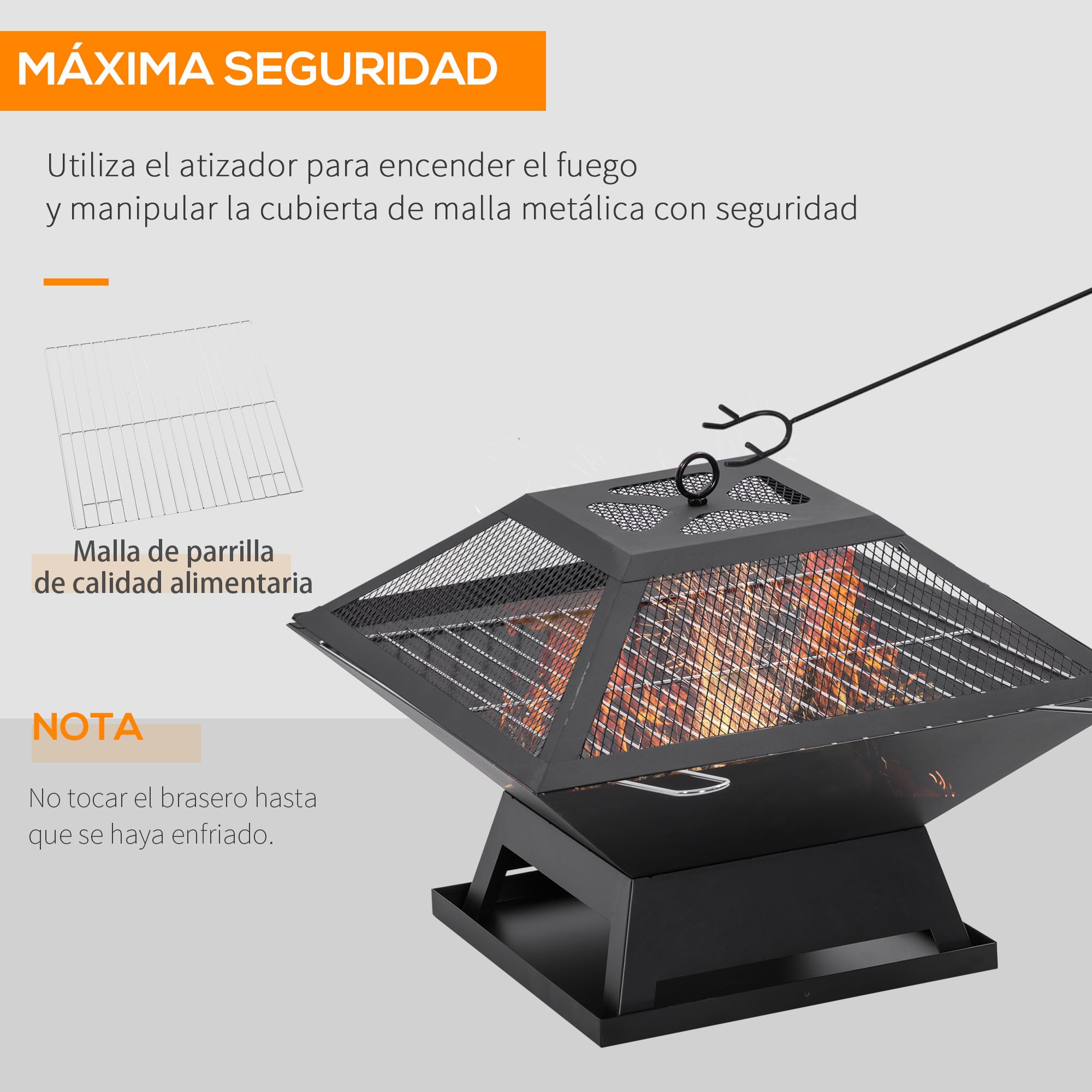 Outsunny Brasero Exterior de Acero Pozo de Fuego para Jardín Multifuncional con Protector de Chispas y Atizador para Barbacoa Hogueras en Terraza Camping 45x45x34 cm Negro