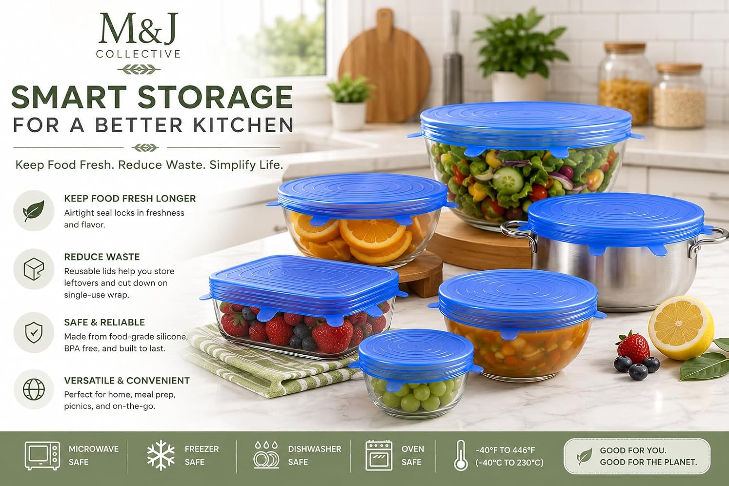 M&J Collective Silicone Bowl Covers (6 Pack) – Reusable Stretch Lids for Bowls, Containers & Pots, Airtight Food Covers, BPA-Free, Microwave, Freezer & Dishwasher Safe.
