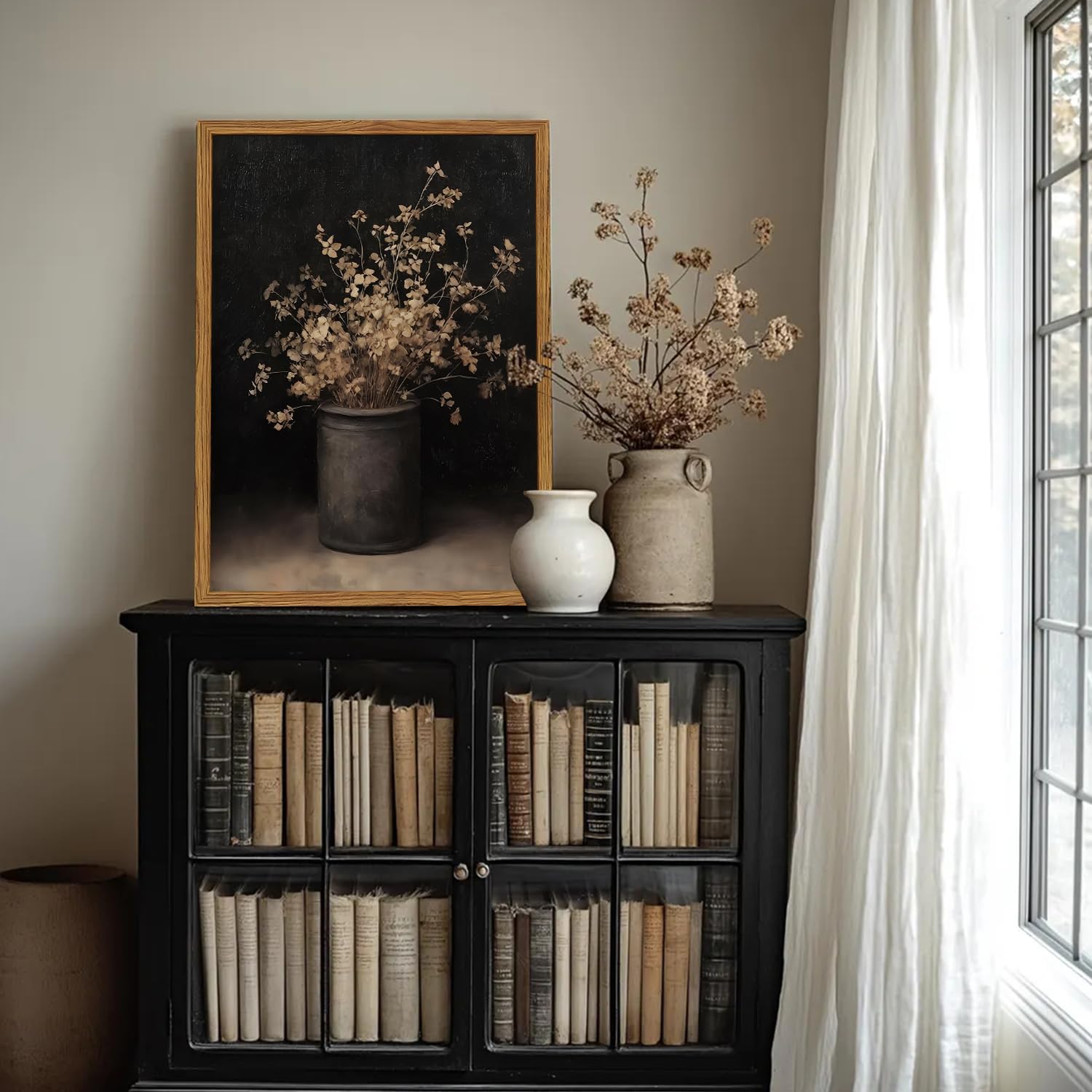 Framed Vintage Floral Wall Art, Rustic Dark Moody Flower Paintings Wall Decor, Retro Farmhouse Botanical Pictures Canvas Prints Neutral Aesthetic Home Decor for Living Room Bedroom 12x16 inch