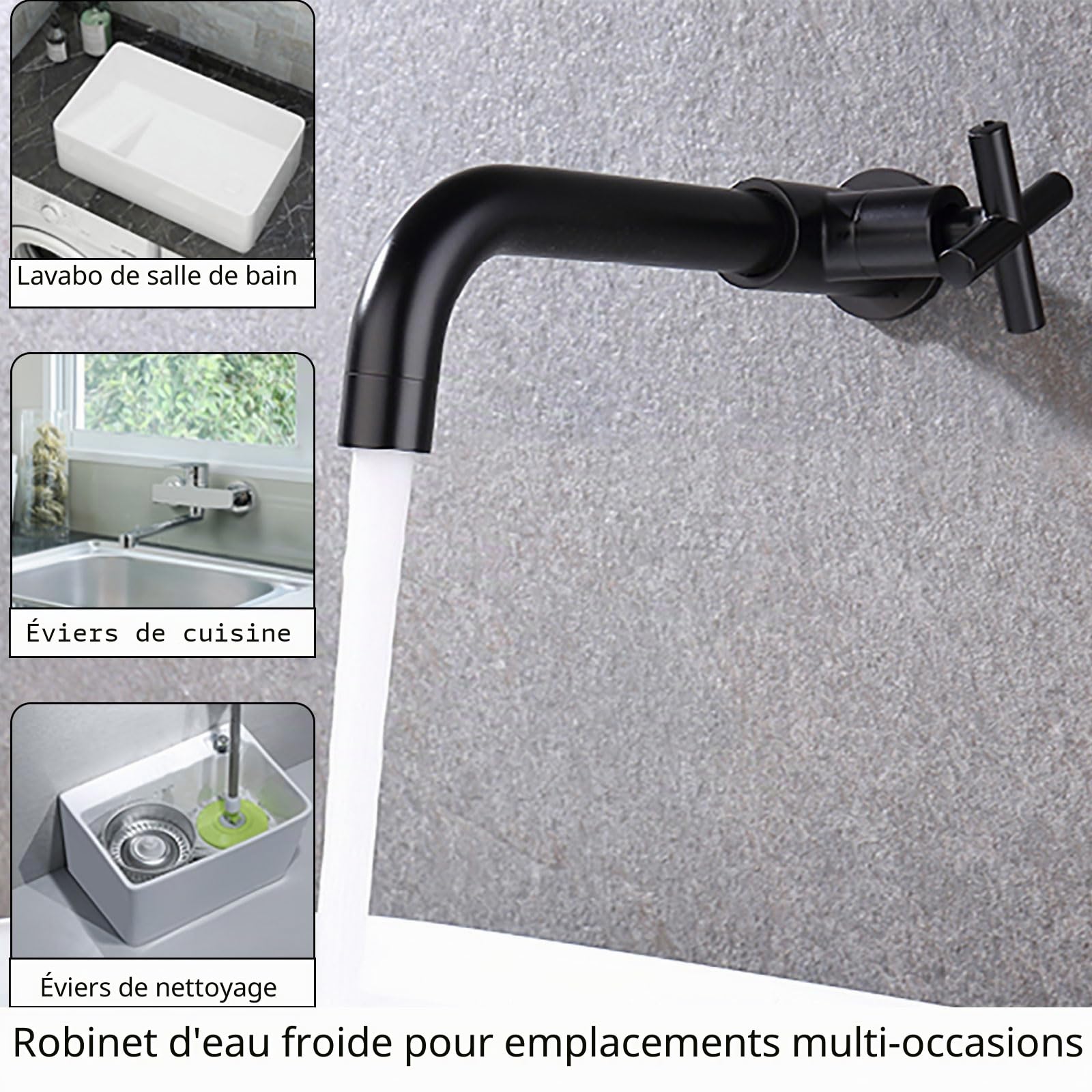PHASAT Robinet Mural Eau Froide de salle de bain, Robinet de Jardin avec Croix Poignée pour Extérieur, évier à Vadrouille, Noir PTMP20B