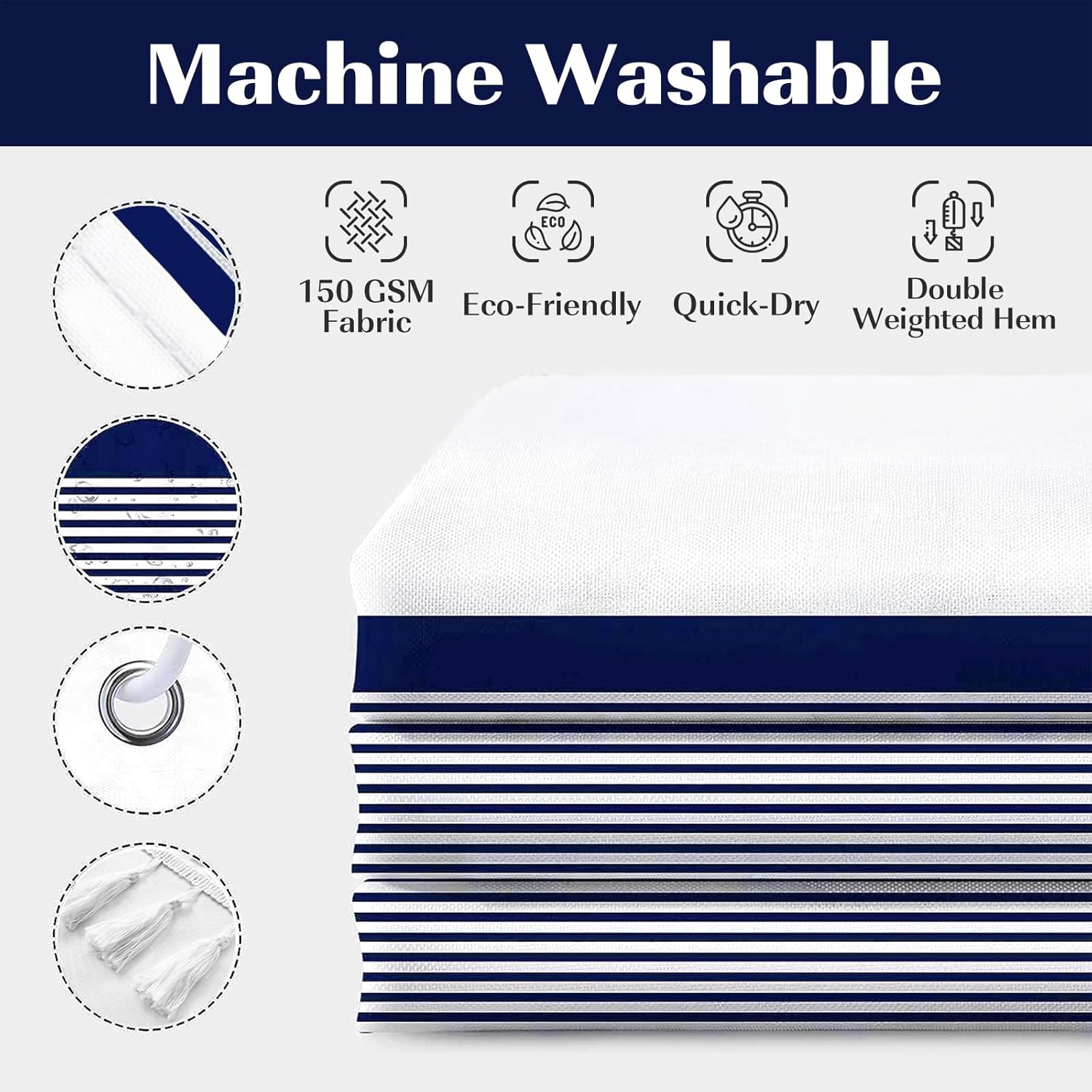 Seasonwood 84inch Tall White Shower Curtain Navy Blue Striped with Tassels,Modern Fabric Farmhouse Shower Curtain for Bathroom Decor,Easy Care Waterproof Washable Durable 72 x 84