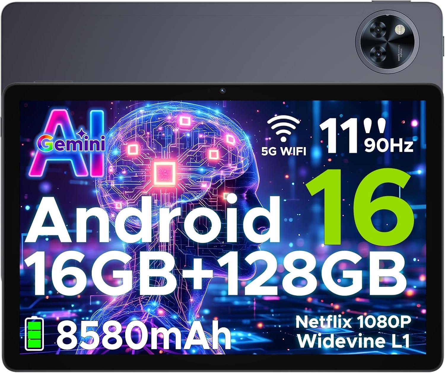 U11 Android 16 Tablet 11 Pollicl Gemini AI 16GB RAM +128GB ROM (2TB TF) 8580mAh Gaming Tablet Unisoc T7200 Octa-Core 13MP+5MP Tablets PC WIFI 5/ GMS/ WidevineL1/ 3.5mm Audio/GPS/Face ID/OTG,Grigio