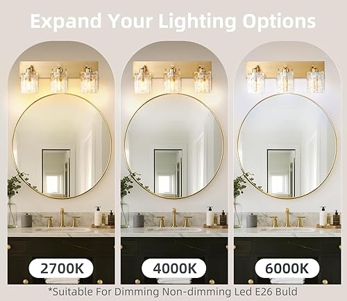 Miniatura 4 de SANKERFAN - 3 luces de cristal dorado cepillado para tocador de baño, moderna lámpara de pared de baño, lámparas de cristal sobre espejo para sala