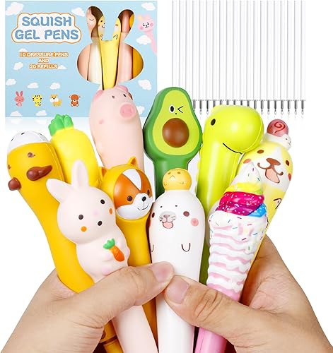 Paquete de 10 bolígrafos Kawaii Squishies con tinta de gel, animales divertidos y estacionarios, ideales para aliviar el estrés, lindo juego de