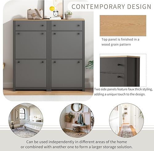 Vista 31 de Linique Juego de gabinetes de almacenamiento delgados con 2 cajones abatibles, diseño de grano de madera con panel ajustable, organizador de zapatos