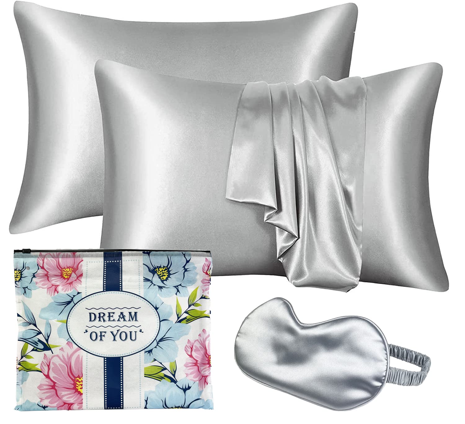 2 Pcs Silk Stain Pillow Case with Eye Mask | Mulberry Silk Pillow Covers Used for Hair Beauty & Skin Care | Soft Breathable and Smooth Double Sided with Envelope Closure, (Queen, Gray)