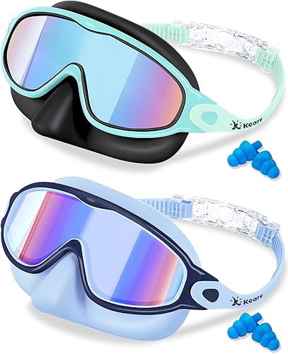 Keary Paquete de 2 gafas de natación para niños con cubierta de nariz para 3-12, anti-UV, antivaho, para piscina, agua, para niños, niñas, jóvenes y