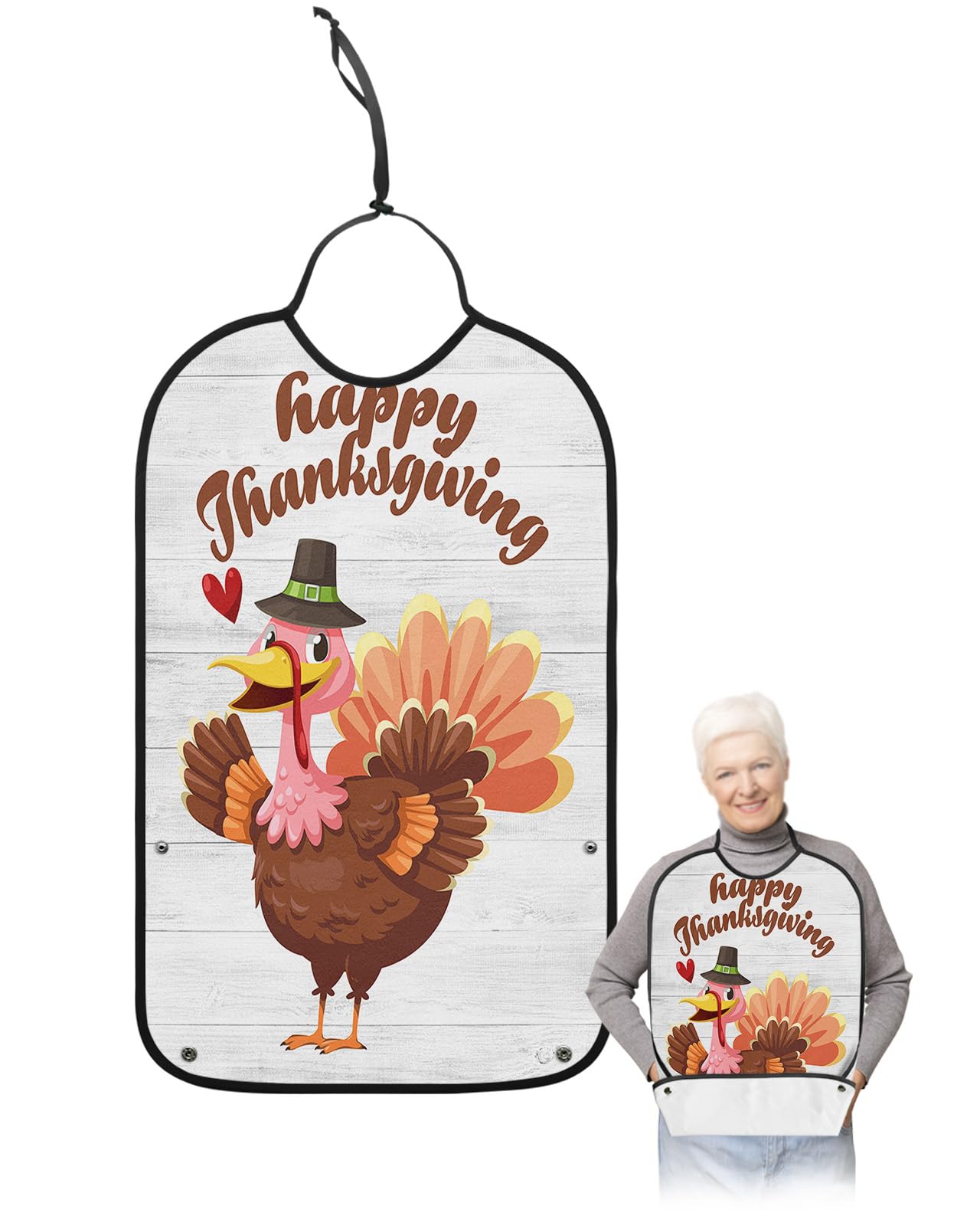 LEOKOTI Thanksgiving Adult Bibs for Eating, Waterproof Bibs with Food Catcher & Adjustable Snap Closure, Farmhouse Turkey Rustic Wood Washable Clothing Protectors Adult Bibs for Elderly Women/Men