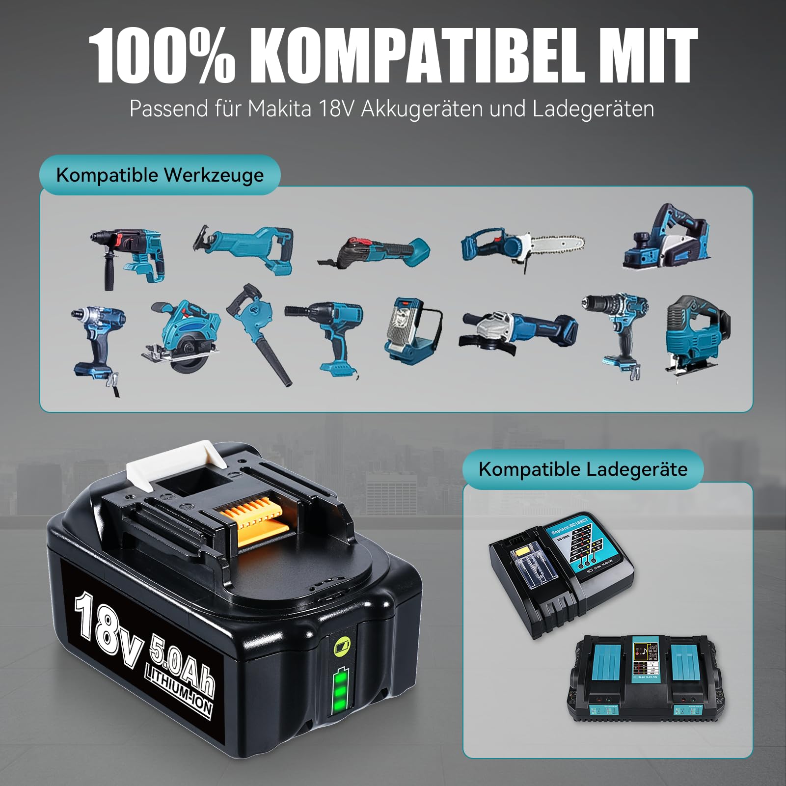 2Stück 5,0Ah Li-Ion Ersatz für Makita 18V Akku mit Ladegerät DC18RC Kompatibel mit Makita Akku 18V BL1860B BL1850B BL1840B BL1830