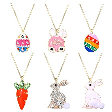 YAHPERN 6PCS Easter Necklaces for Women Enamel Egg Bunny Pendant Necklaces Rhinestone Carrot Rabbit Long Necklace Set Easter Theme Jewelry Gift