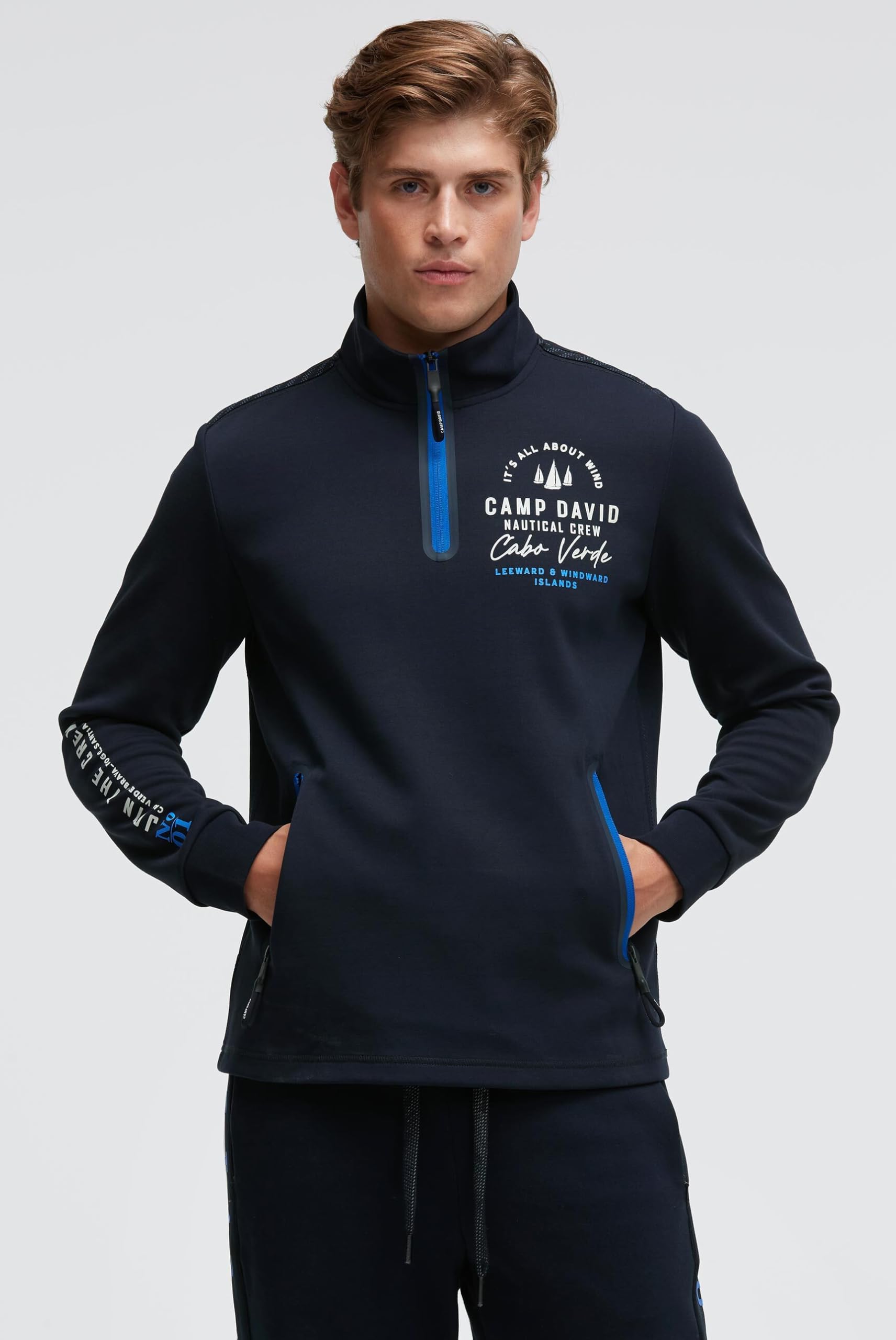 Camp David Herren Troyer-Sweatshirt aus Interlock mit Rücken-Artwork