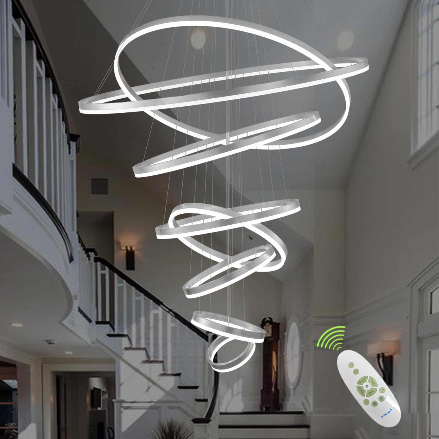 Modern Chandelier, 8 Ring Chandelier for High Ceiling Chandelier for Entryway, Large Chandeliers for High Ceilings Luxury Silver Modern Chandelier Light Fixture Dimmable with Remote Control