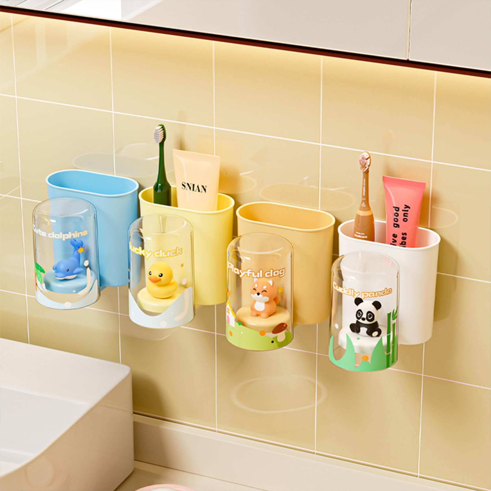 TYZAG™ Tooth Brush Holder Bathroom, Kids Toothbrush Holder with Cup, Plastic Stand for Toothpaste, Toothpaste Holder for Bathroom Kids Drain Waterproof Self-Adhesive, Panda (White, Junior Cup) 1