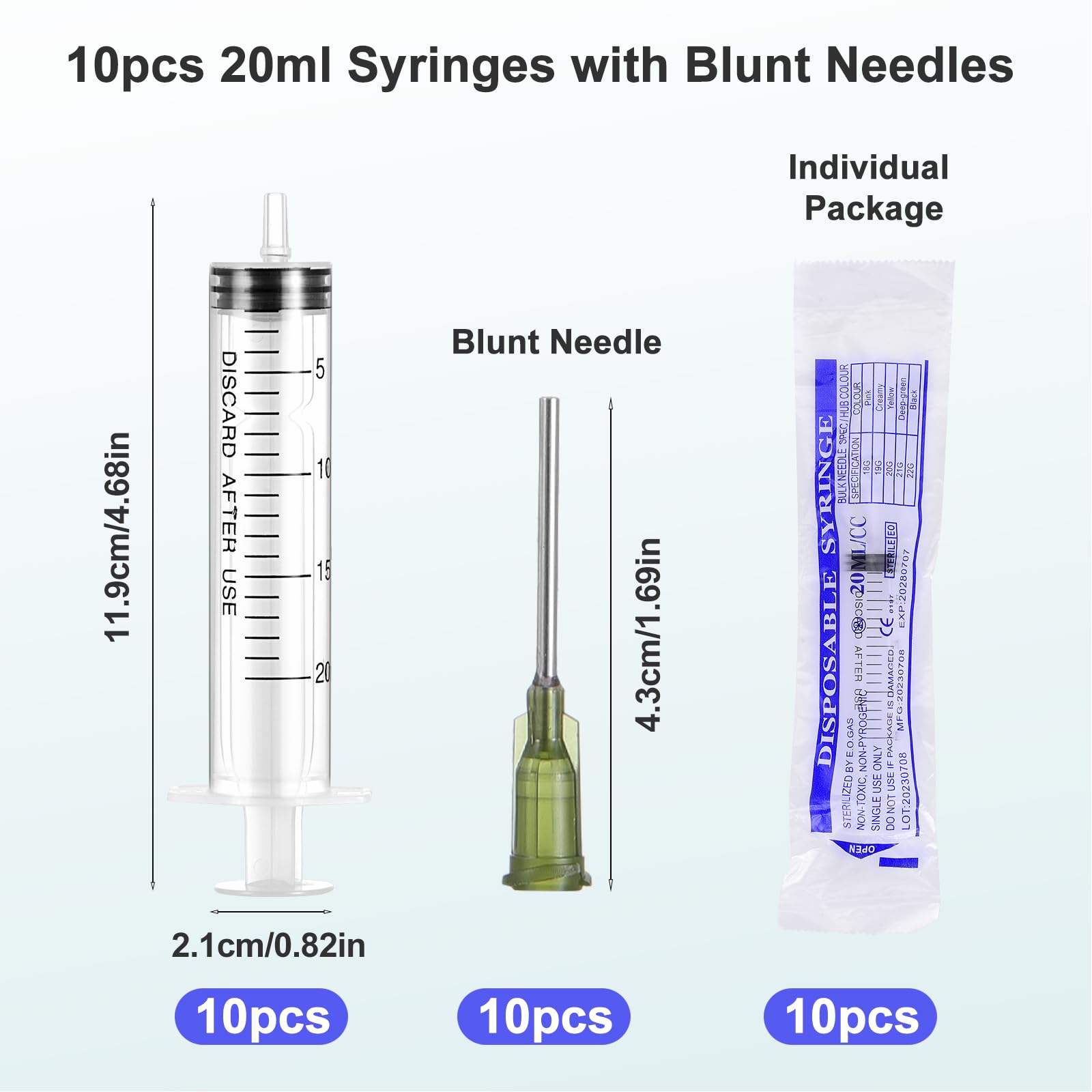 10 Siringhe Di Plastica da 20 ml Con Aghi Smussati da 14 g, Siringhe Riutilizzabili Per La Misurazione di Liquidi, Laboratori Scientifici, Alimentazione di Animali Domestici, Industria, Colle