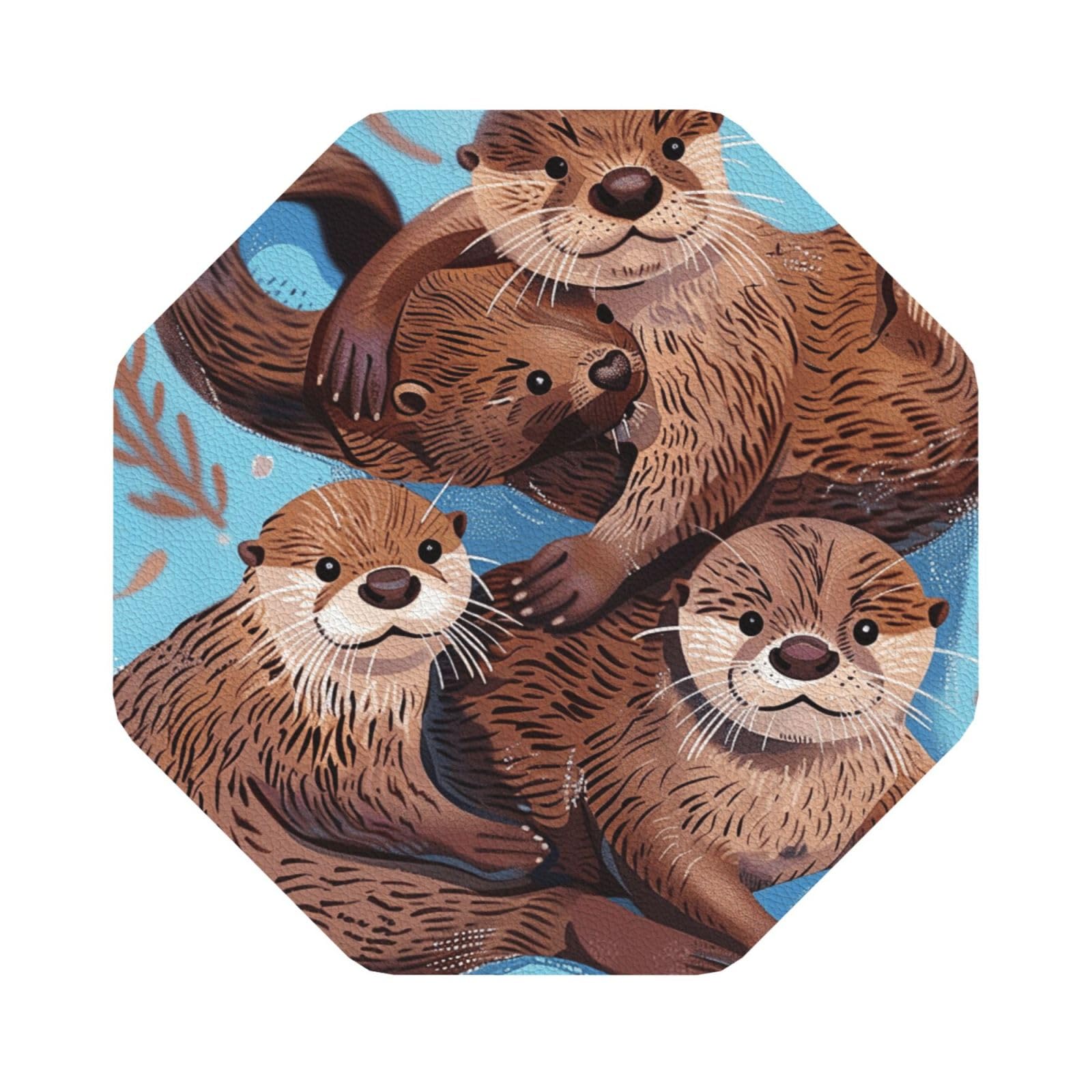 Animal Cute Brown Otters Print Leather Coaster Set of 6, Octagon Coasters Table Decorative Coffee Cup Beverage Coasters Wine Beer Bar Coasters for Hot Drinks Table Protection