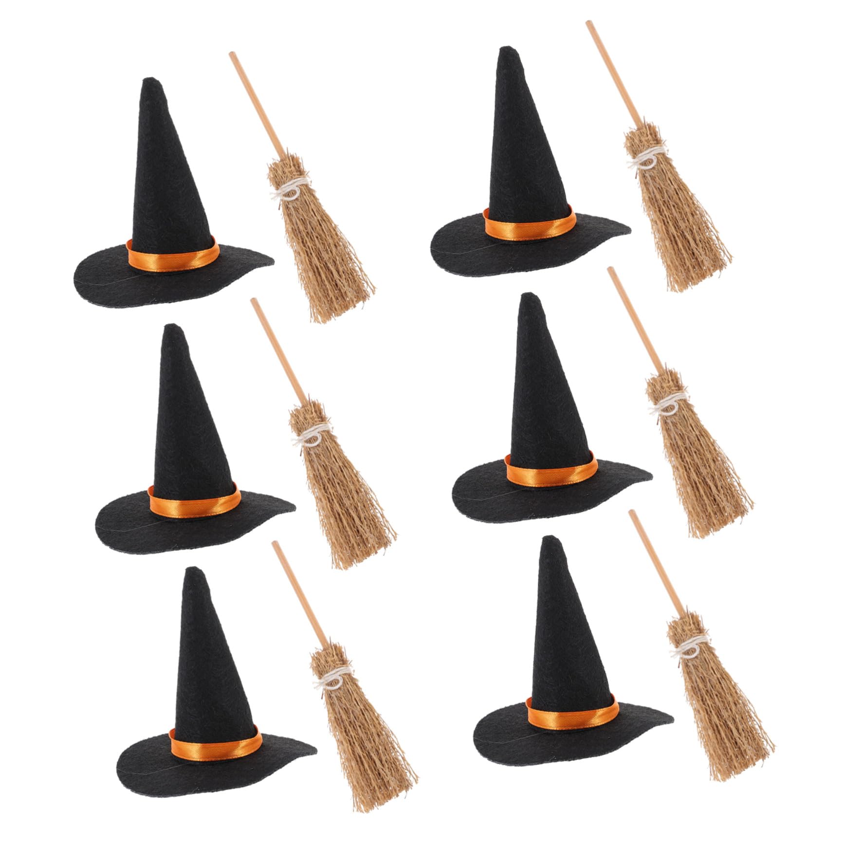 Set da 12 Pezzi Mini Cappelli da Strega e Scope in Feltro e Legno Decorazioni Fai da Te per Halloween Accessori Miniatura per Feste e Decorazioni Bevande