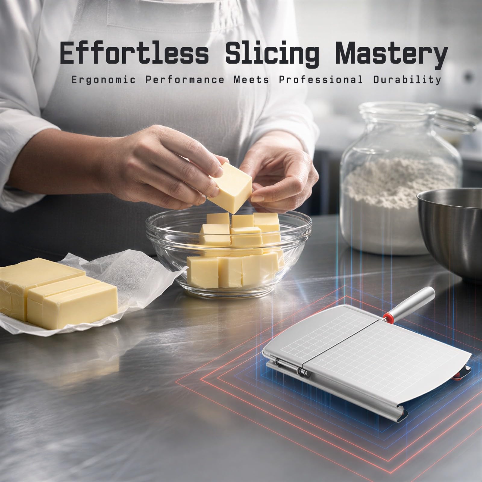 Edelstahl-Schneider, verstellbarer Käseschneider mit Skalenraster-Basis, Butterschneider und Portionsschneider mit ergonomischem Griff, für Hart- und Weichkäse, Seife, Blöcke, Silber