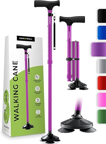 HONEYBULL - Bastón para hombres y mujeres  Se sostiene solo, plegable, punta giratoria, color morado