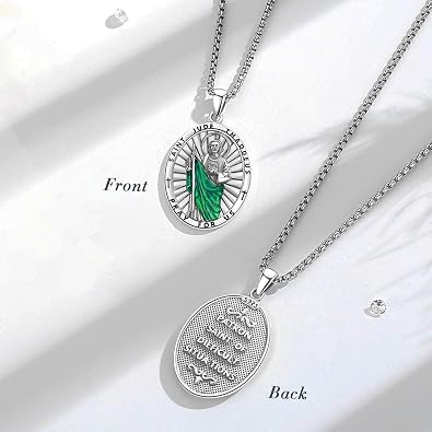 INFUSEU Unique St Jude Necklace for Women Men Green Enamel Saint Jude Pendant St. Jude Medal 925 Sterling Silver Medalla De San Judas Tadeo Jewelry Catholic Medallions Christian Religious Gifts