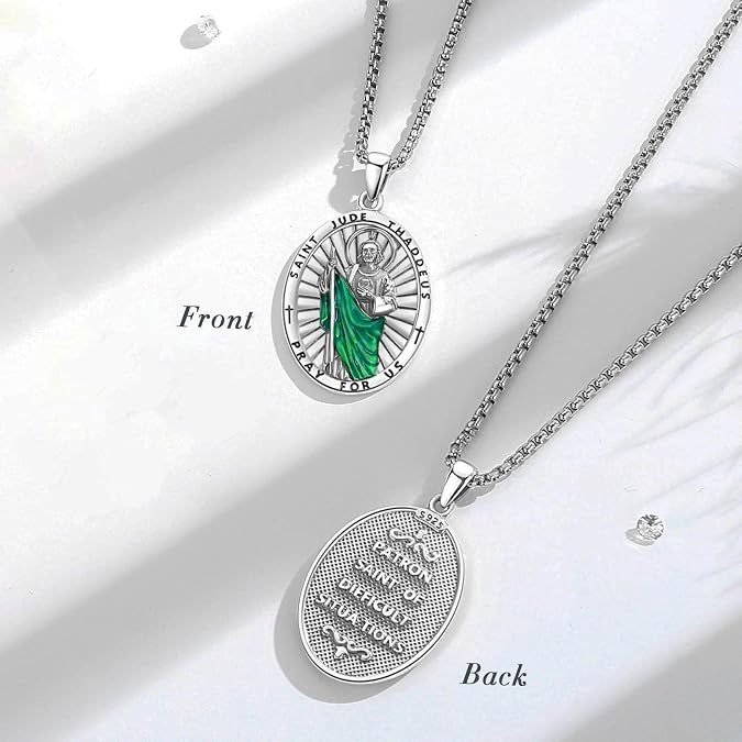 INFUSEU Unique St Jude Necklace for Women Men Green Enamel Saint Jude Pendant St. Jude Medal 925 Sterling Silver Medalla De San Judas Tadeo Jewelry Catholic Medallions Christian Religious Gifts