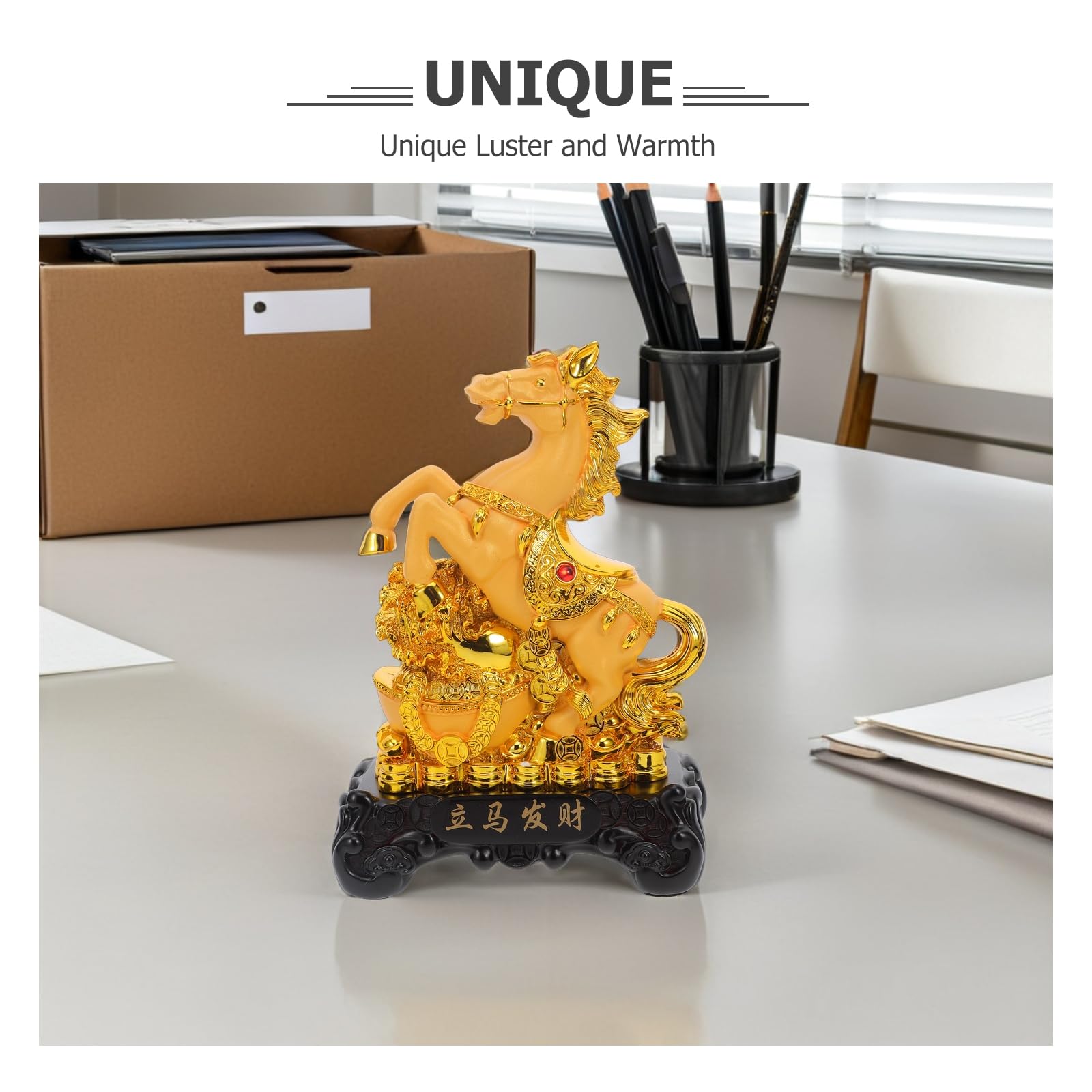 OSALADI Sculpture Cheval Doré en Résine 150X90X220Mm pour Décoration Feng Shui Bureau et Salon Année du Cheval Signe de Réussite et Chance