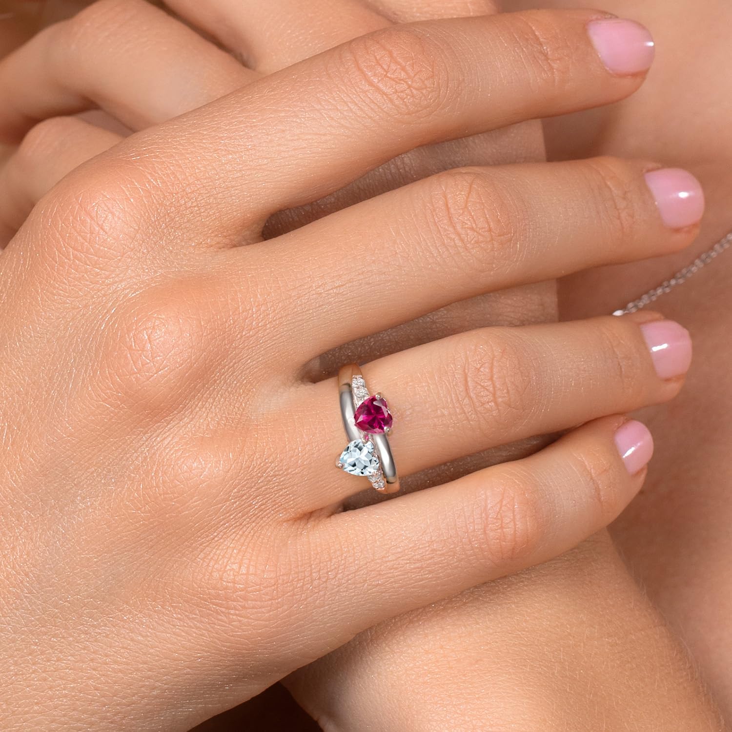 Gem Stone King 925 Sterling Silver Red Created Ruby Sky Blue Aquamarine and Lab Grown Diamond Women Engagement Ring (1.06 Cttw, Heart Shape 5MM)