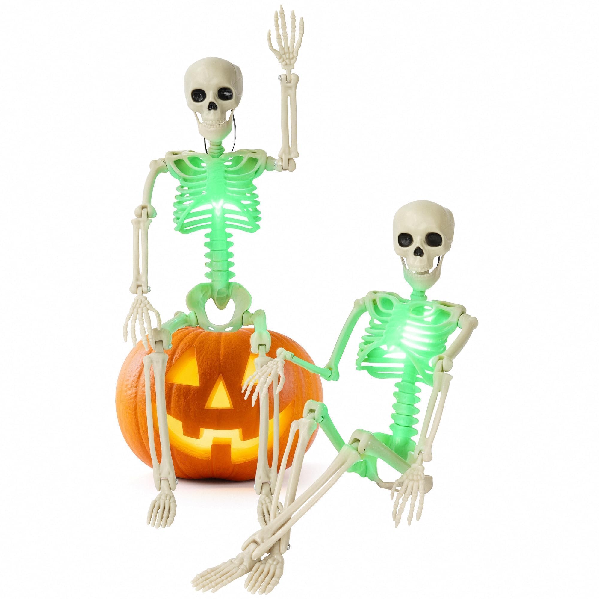 Kelool 16" Light Up Skeleton Halloween Decorations,2 Pack Posable Skeleton with Movable Joints,Scary Halloween Skeleton Halloween Decor for Haunted House Props Halloween Decorations Indoor Outdoor