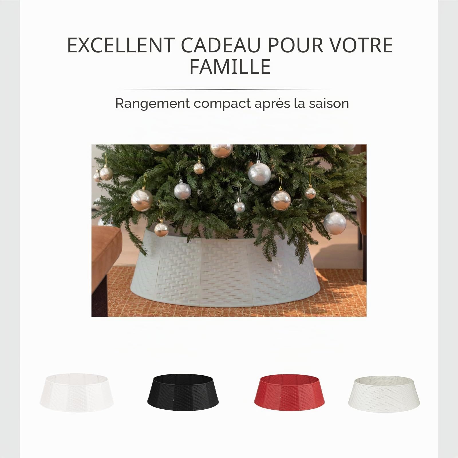 Jupe de sapin de Noël ronde respectueuse de l'environnement – Collier de sapin de Noël robuste et durable – Jupe de sapin de Noël en rotin tissé – 12 anneaux en plastique pour arbres artificiels ou