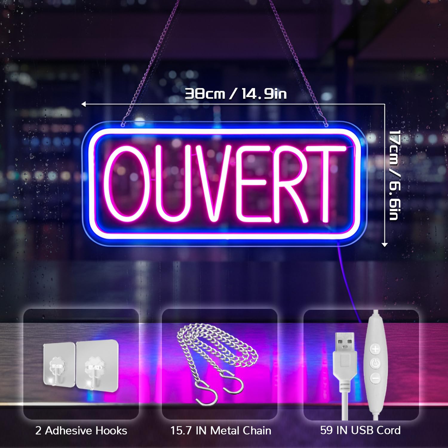 Enseigne Neon OUVERT LED lumineuse USB pour commerce porte fenêtre luminosité réglable magasin restaurant bar café