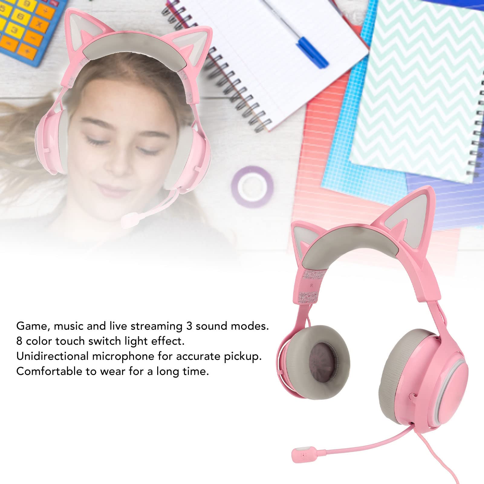 Auriculares Rosas para Juegos, Auriculares Rosas para Juegos con Cable USB con Oreja de Gato para PC/MAC/PS4/ con Cancelación de Ruido de Sonido Envolvente 7.1, Oreja de Gato Y Micrófono