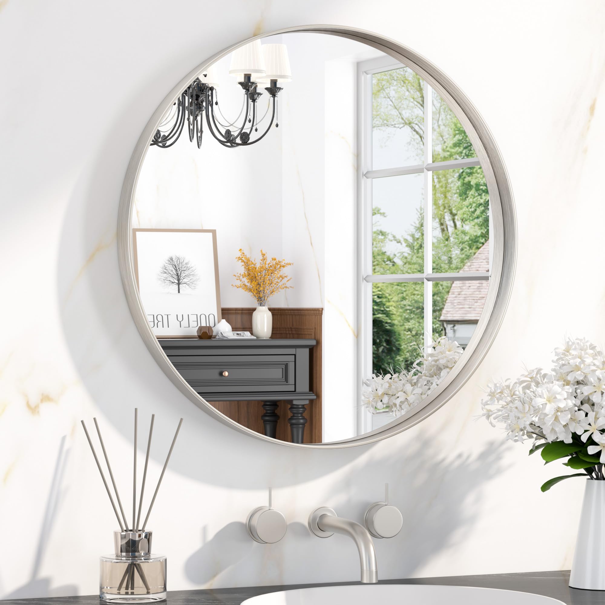 Keonjinn 60cm Brushed Nickel Round Bathroom Mirror Wall Mounted, Aluminium Metal Frame Wall Mirror HD Glass Vanity Mirror for Bedroom Living Room Entryway Home Decor